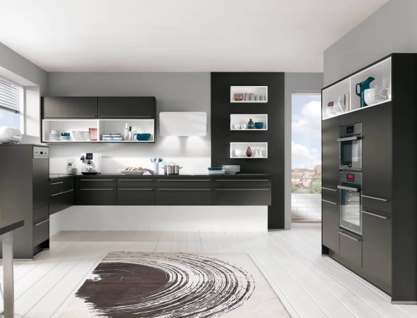 designer kitchen handle-less cupboards Black and White Nobilia Design