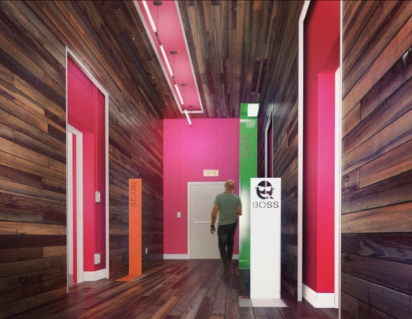  Uppercut with cool office design accents pink wood wall paneling 