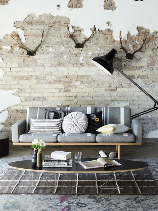 living room wall with exfoliated plaster brick effect