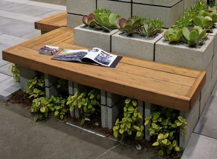 Garden bench-yourself-build cement tile-concrete blocks Wood Edition