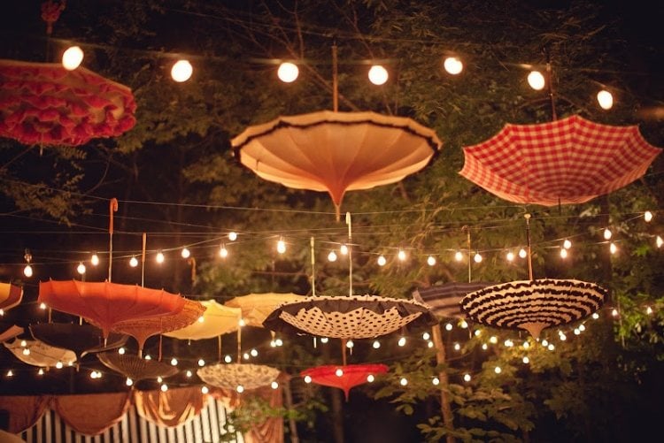 Garden Party decoration idea-umbrellas-headfirst-lights