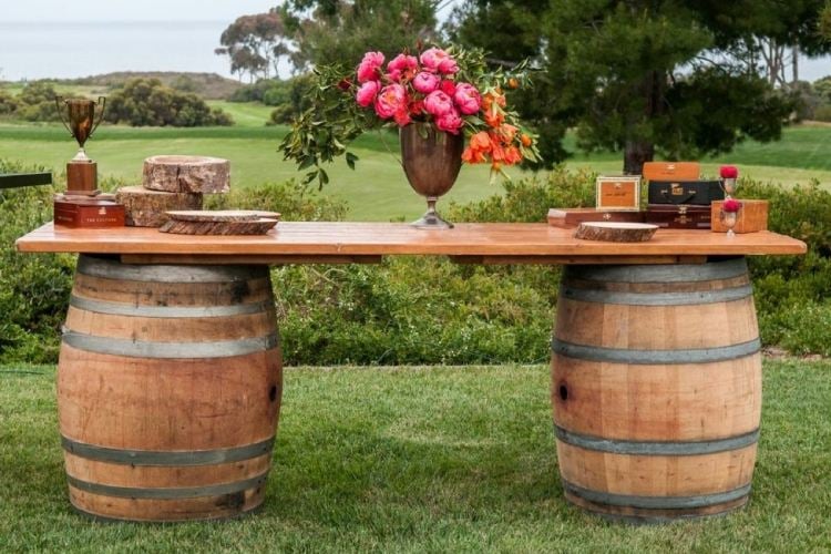 Garden Party Summer Buffet wine casks-place tables and rustic
