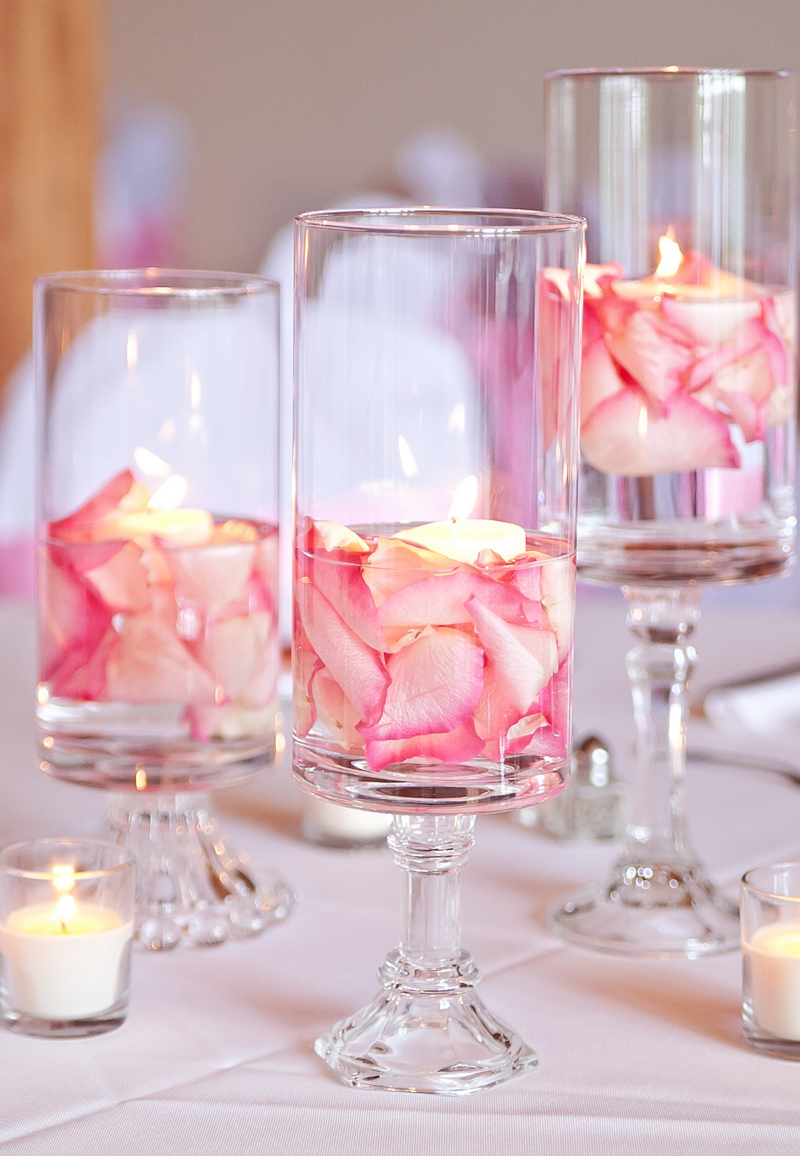 Wedding decoration ideas wine sheen floating candles Rose petals