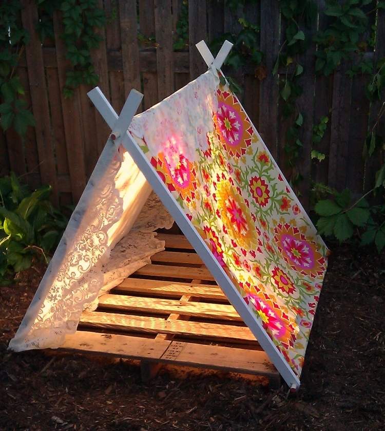 wooden euro pallets Tent outdoor children-colorful-flowers-pink-garden