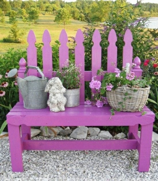 purple garden bench rustic style garden flowers deco