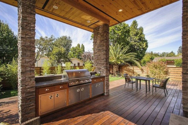  wooden decking outdoor kitchen dining area House California 