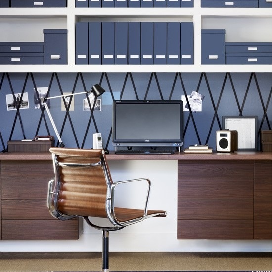 Living Home Office dark blue hot brown modern open shelves