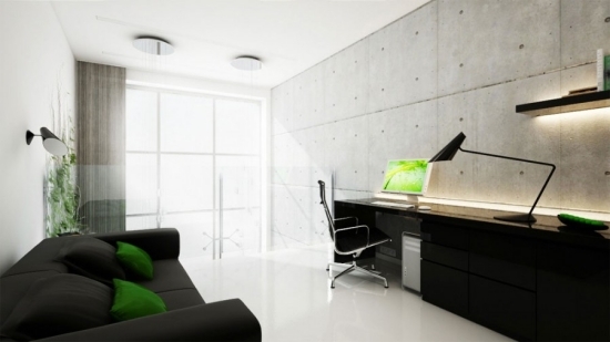 Living Home Office Black and White Green Modern Interior