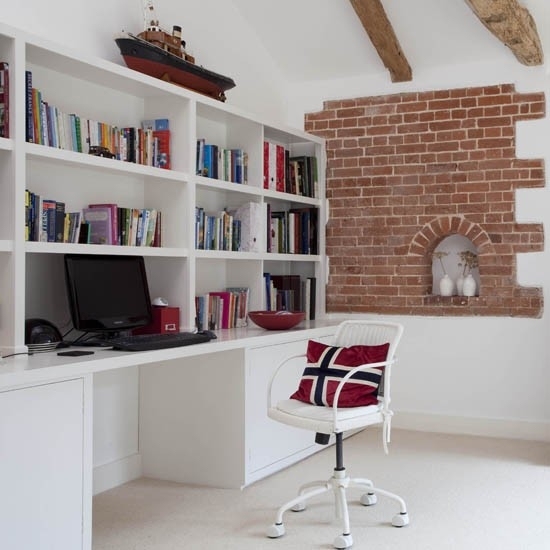 Living Home Office White Red modern style blend brick wall