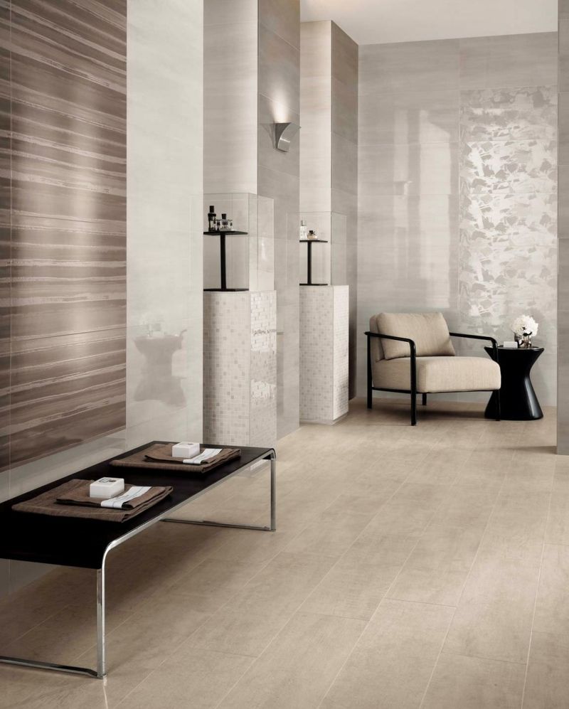 bathroom tile stripe beige stone look mosaic elegant interiors