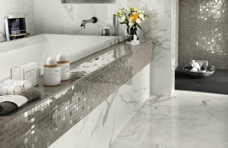 bathroom tiles silver noble glittering mosaic marble bathtub flowers Accessories