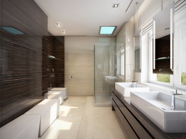 Bathroom without tiles Wall panels glass wood look dark
