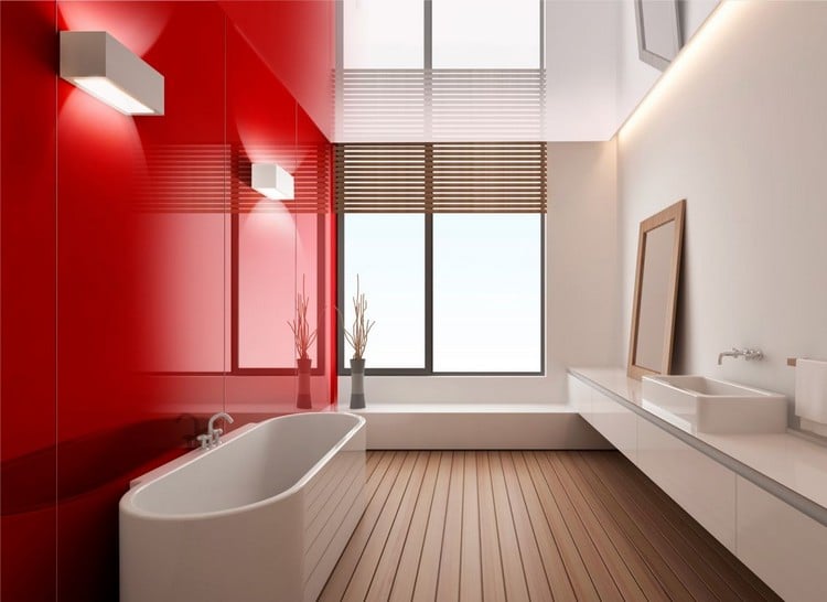 Bathroom without tiles and glass wall panels and red-wood flooring