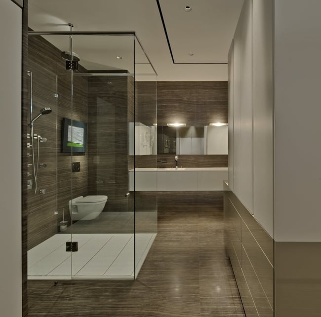 Bathroom without tiles Glass panels imitation wood cubed