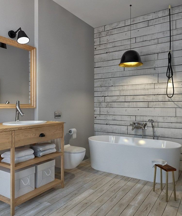 Bathroom without tiles gray wall paint wallpaper-wood look-wood-furniture