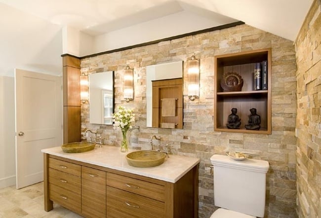 Bathroom without tiles Natural stone wall wooden sink