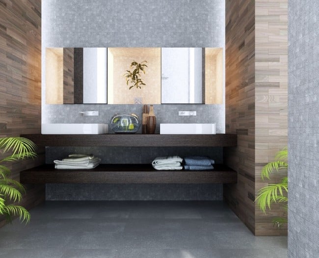 Bathroom without tiles stone look wallcovering wood