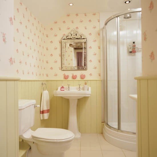 Bathroom Design without tiles Wall panels wallpaper flowers pink