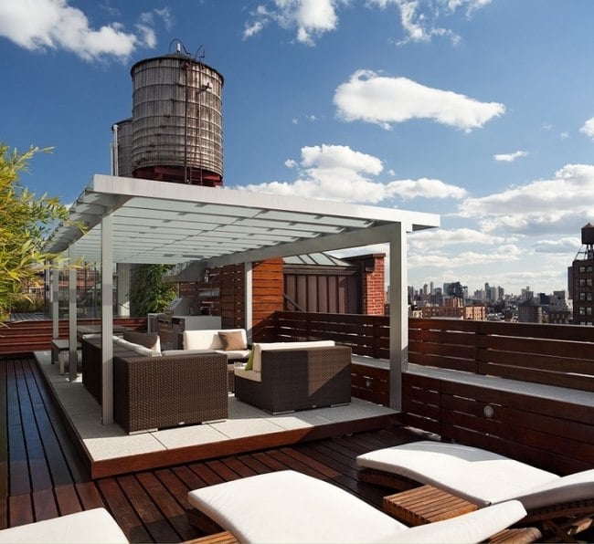 rooftop ideas wooden canopy sunbeds rattan