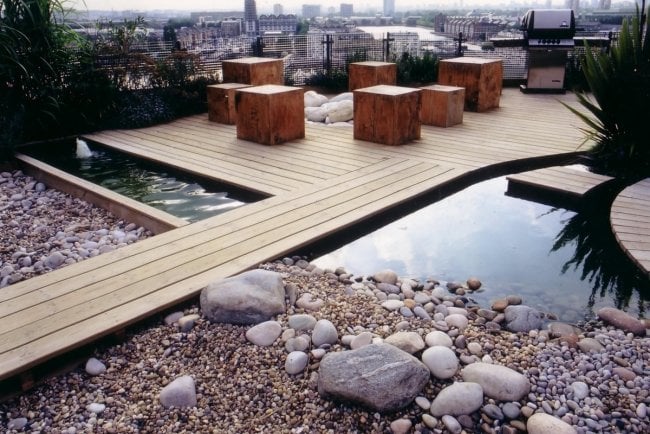 design ideas for terraces gravel wooden deck Solid wood cubes