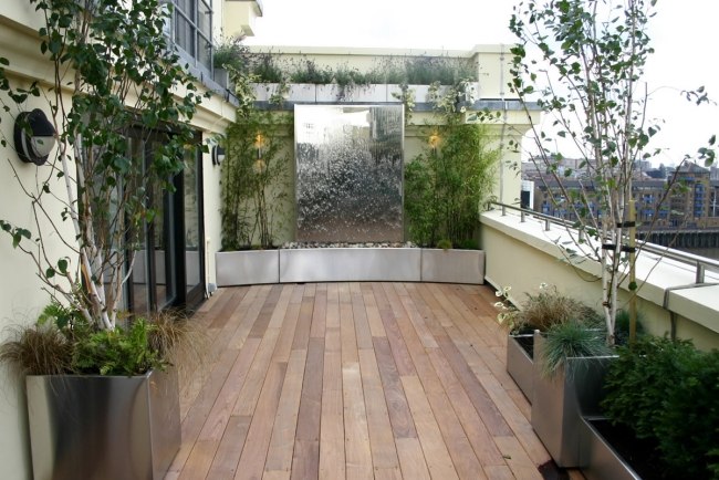 rooftop wooden floor water wall deco exterior bamboo plants