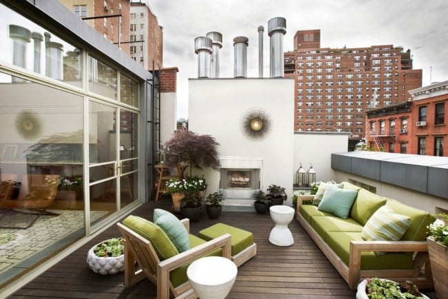 rooftop stove townhouse wood furniture green pillow