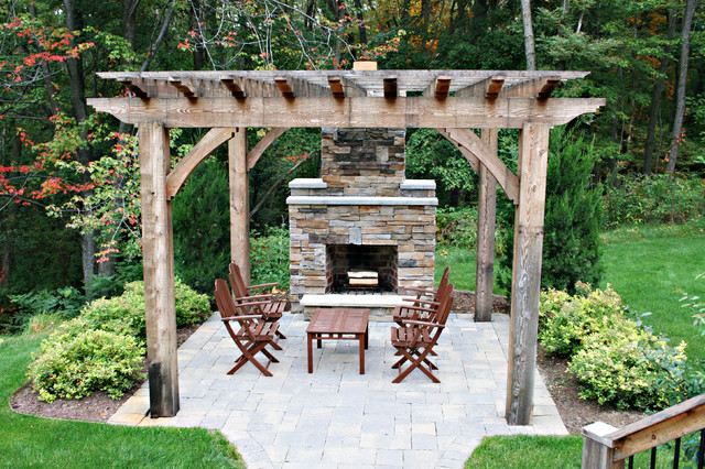 Garden Terrace Wooden pergola build outdoor fireplace Natural stone
