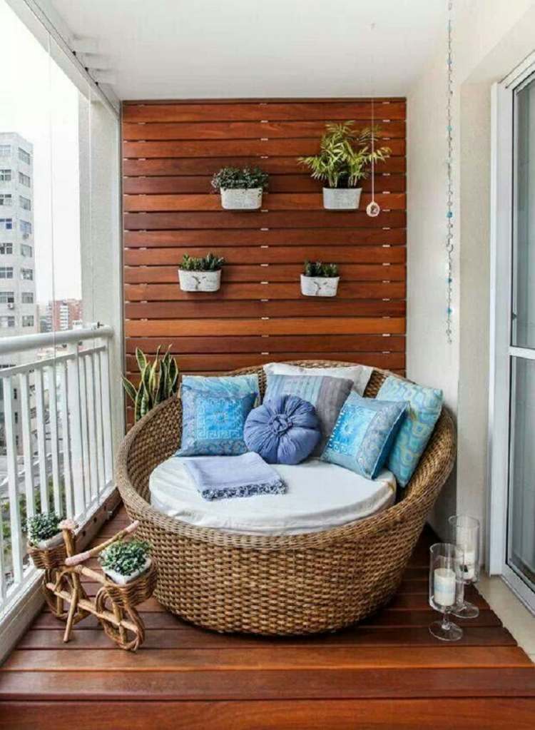 design ideas for terraces Balcony Lounge Wood Floor Pillow plants