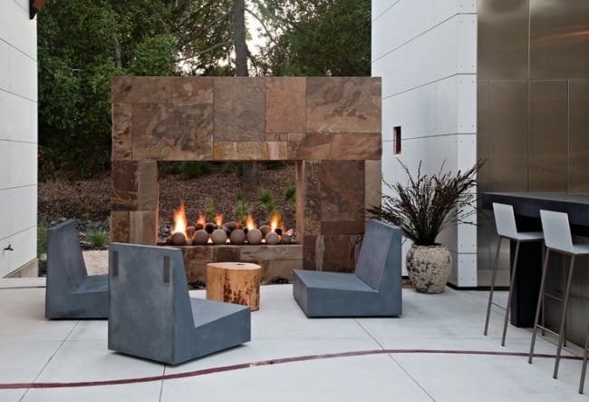 design ideas terraces outdoor fireplace modern tree trunk coffee table