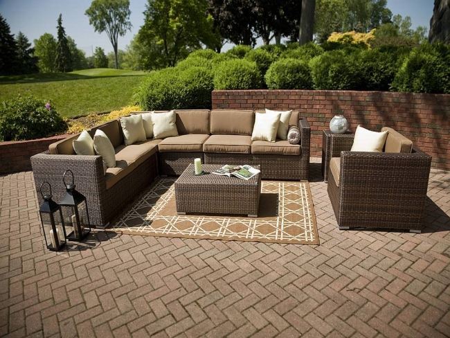 design ideas for patios brick floor pattern rattan furniture