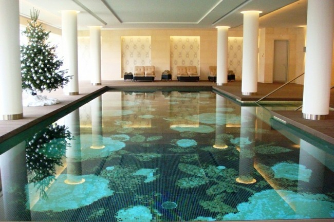 large pool Hotel indoors mosaic tiles green