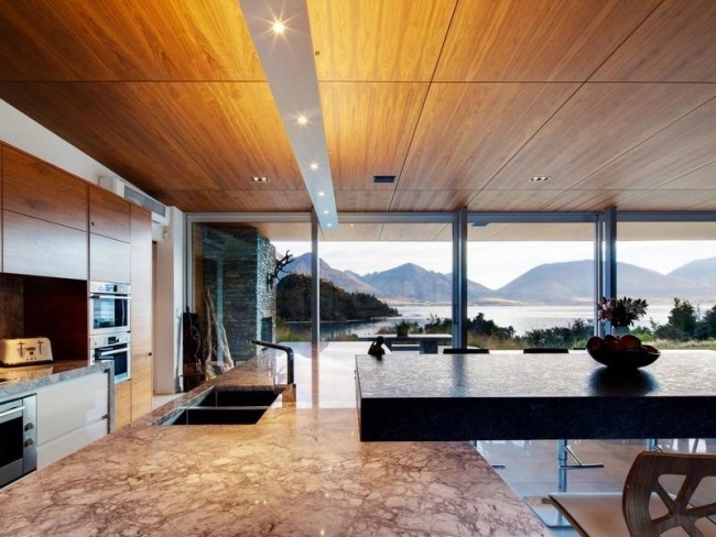 kitchen panorama house with lake in New Zealand
