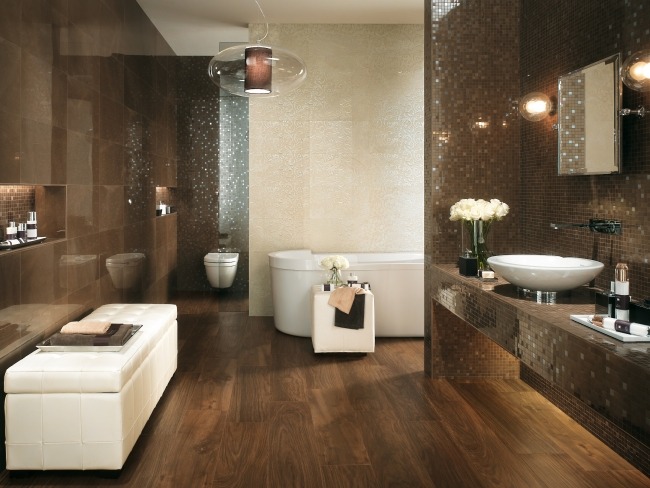 tiles luxury bathroom beige brown mosaic mirror effects