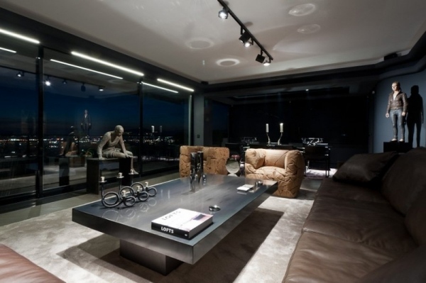  Luxury apartment subtle lighting Leather Furniture Living Room 
