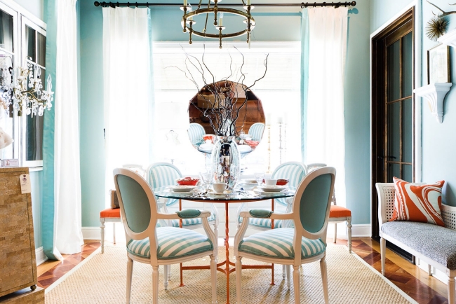 dining room set up light blue coral accents branches wandspiegel