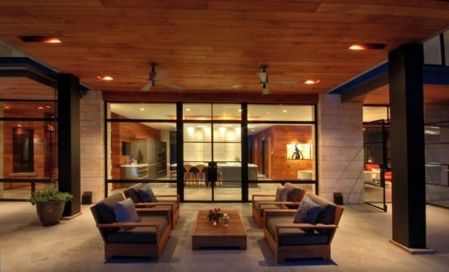 modern exterior decking furniture floor to ceiling glass walls Fans