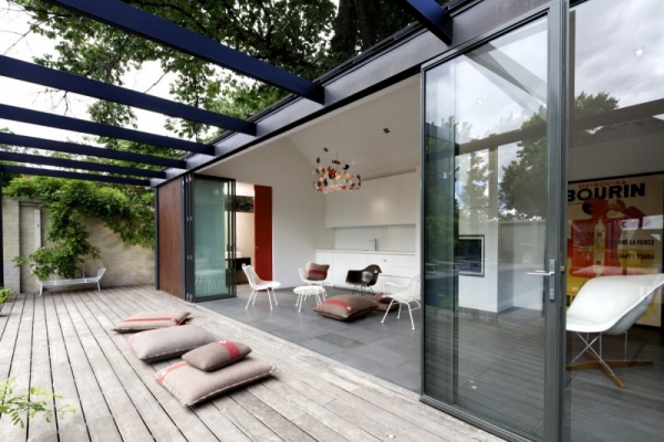 pool house design wooden patio glass doors steel framed