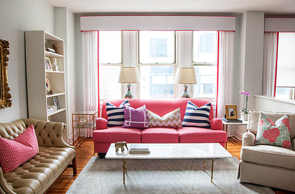 pink sofa living room interior male and female