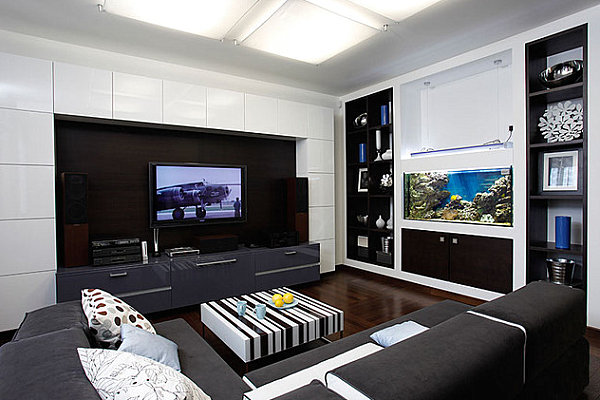 black and white living room interior male and female