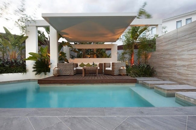 Terrace Pool Platform wooden deck canopy palm backdrop