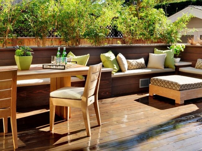 terrace built wooden bench blinds bamboo plants