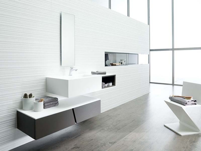 white bathroom design floating cabinets Shelves Mirrors 