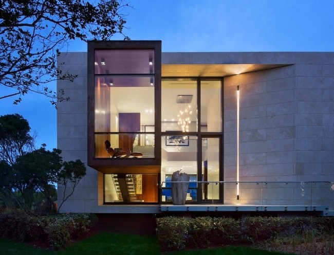  outdoor lighting façade design-Travertine modern house exterior 