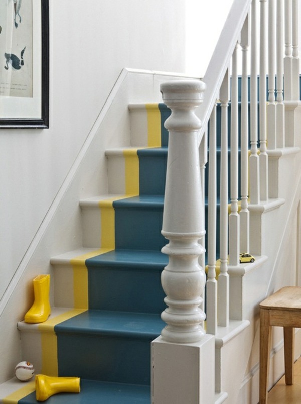 staircase emphasize blue white yellow stripes instead of carpet