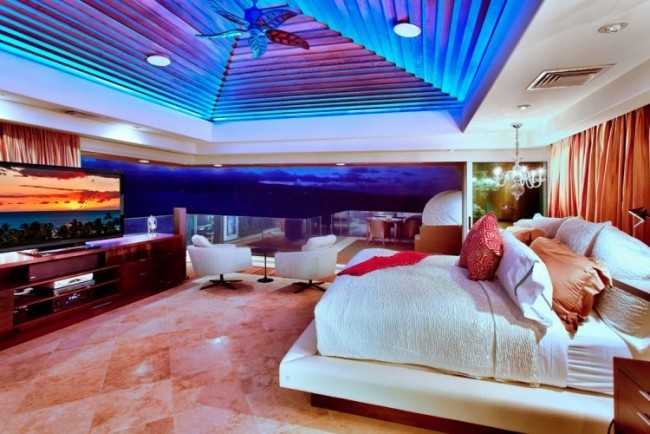  House hawaii bedroom ceiling design blue LED lights 