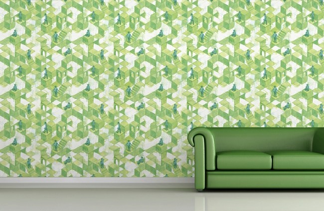green wallpaper living room sofa design