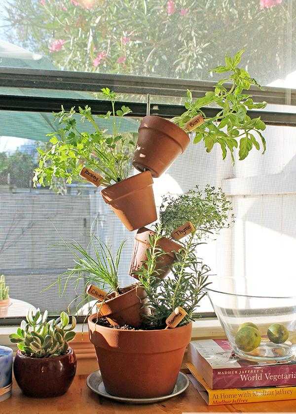 Clay pots construction herb garden kitchen window cork