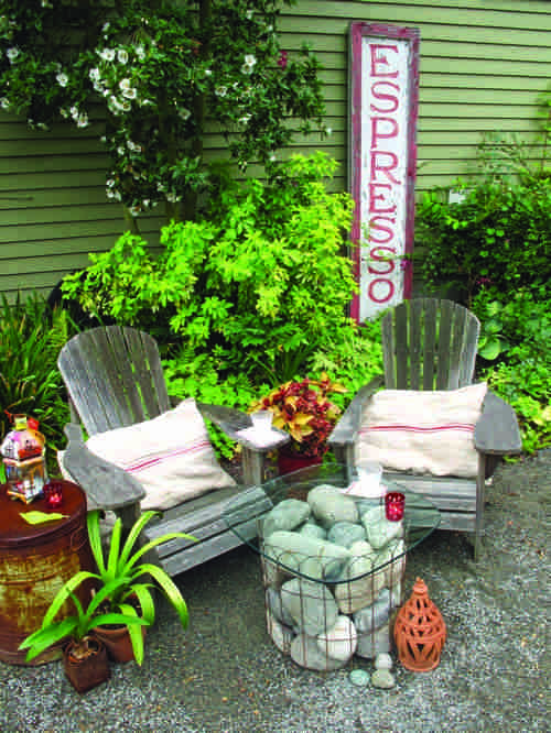 gabions coffee table glass top garden Adirondack chairs