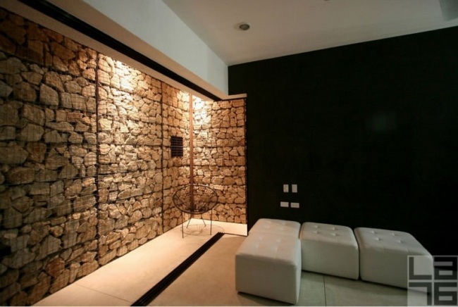 gabion wall Interior accent sandstones black wall Contrast