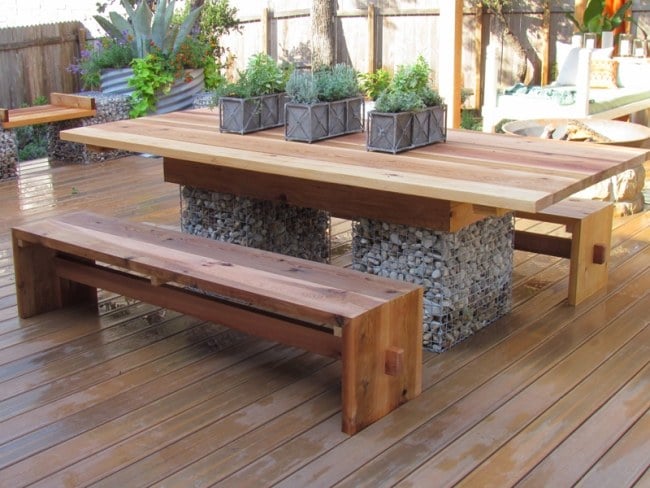 decking floor dining table wood panel gabions base